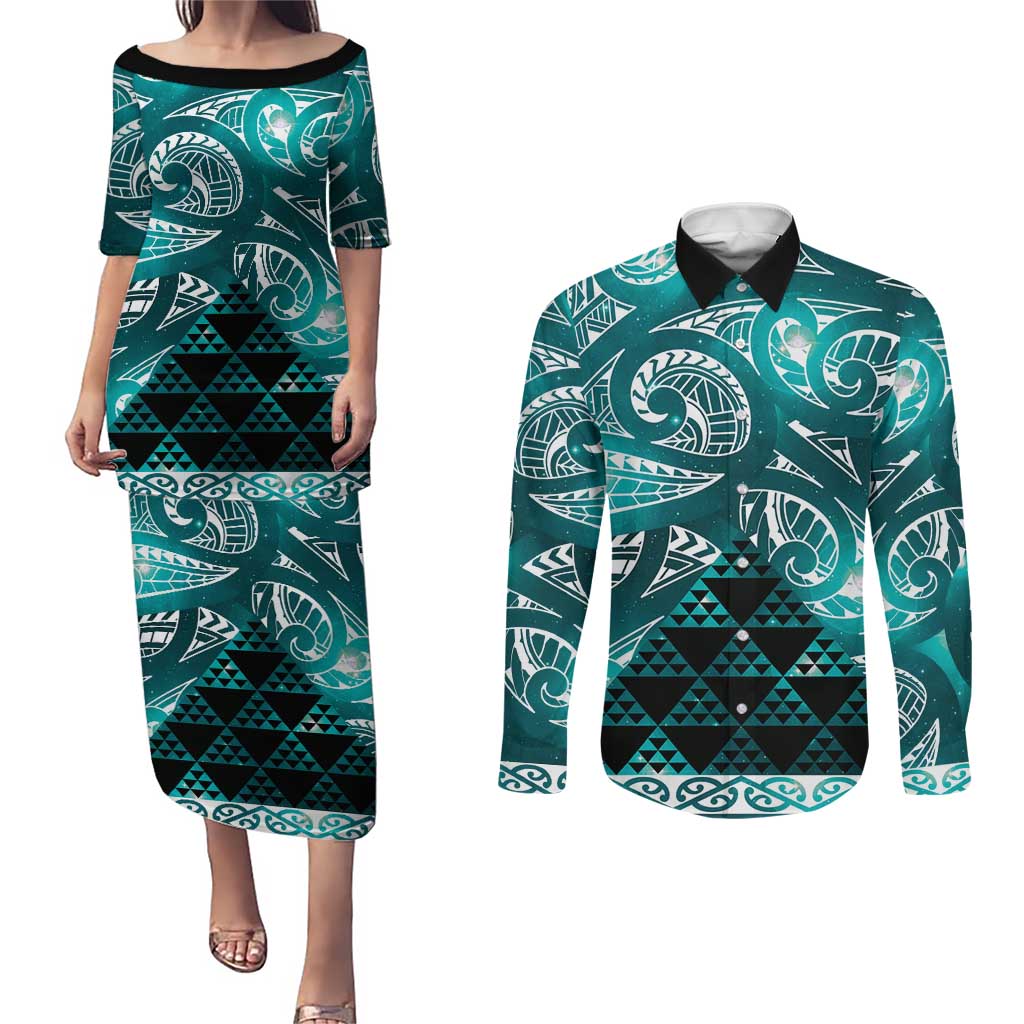 Matariki New Zealand Couples Matching Puletasi and Long Sleeve Button Shirt NZ Niho Taniwha Maori New Year Cyan Galaxy LT14 Cyan - Polynesian Pride