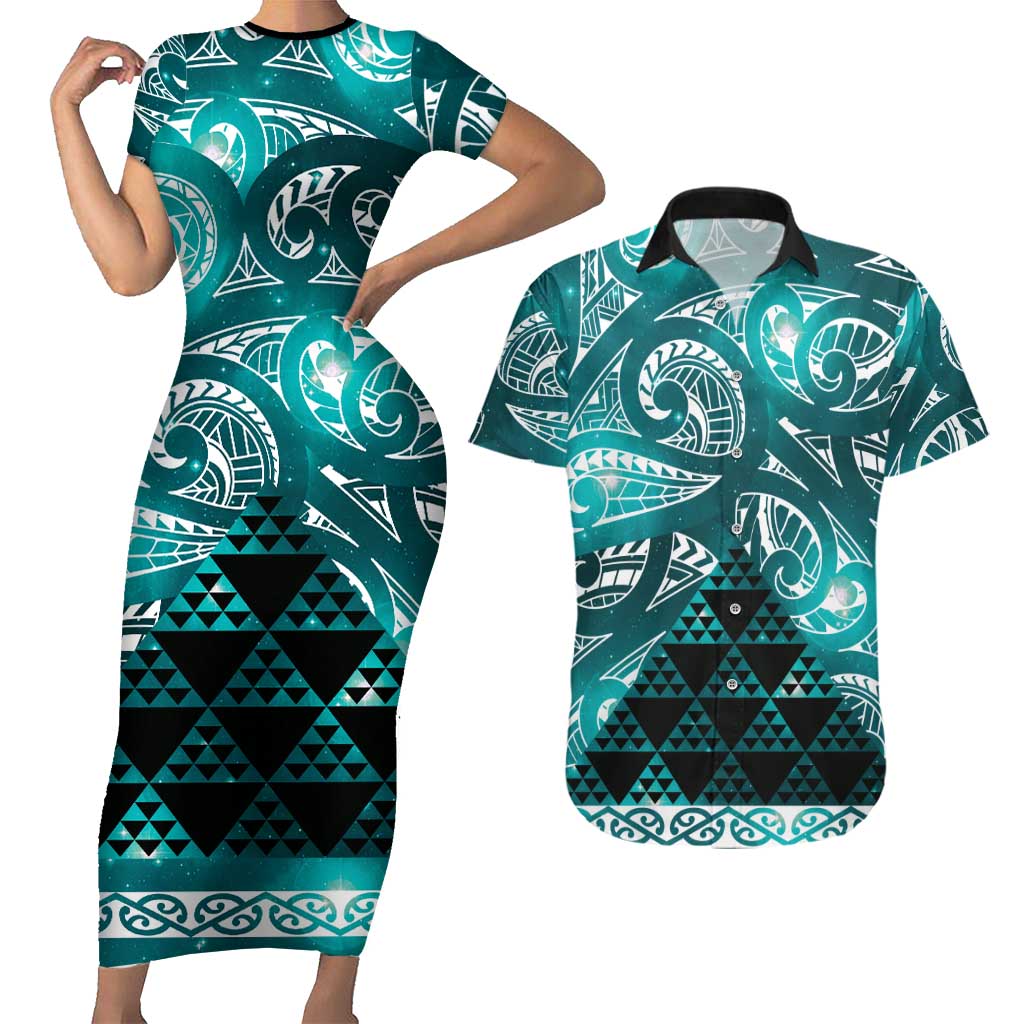 Matariki New Zealand Couples Matching Short Sleeve Bodycon Dress and Hawaiian Shirt NZ Niho Taniwha Maori New Year Cyan Galaxy LT14 Cyan - Polynesian Pride