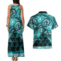 Matariki New Zealand Couples Matching Tank Maxi Dress and Hawaiian Shirt NZ Niho Taniwha Maori New Year Cyan Galaxy LT14 - Polynesian Pride