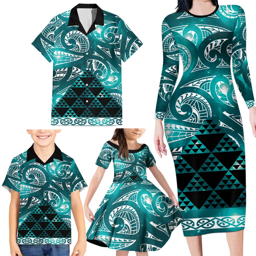 Matariki New Zealand Family Matching Long Sleeve Bodycon Dress and Hawaiian Shirt NZ Niho Taniwha Maori New Year Cyan Galaxy LT14 - Polynesian Pride