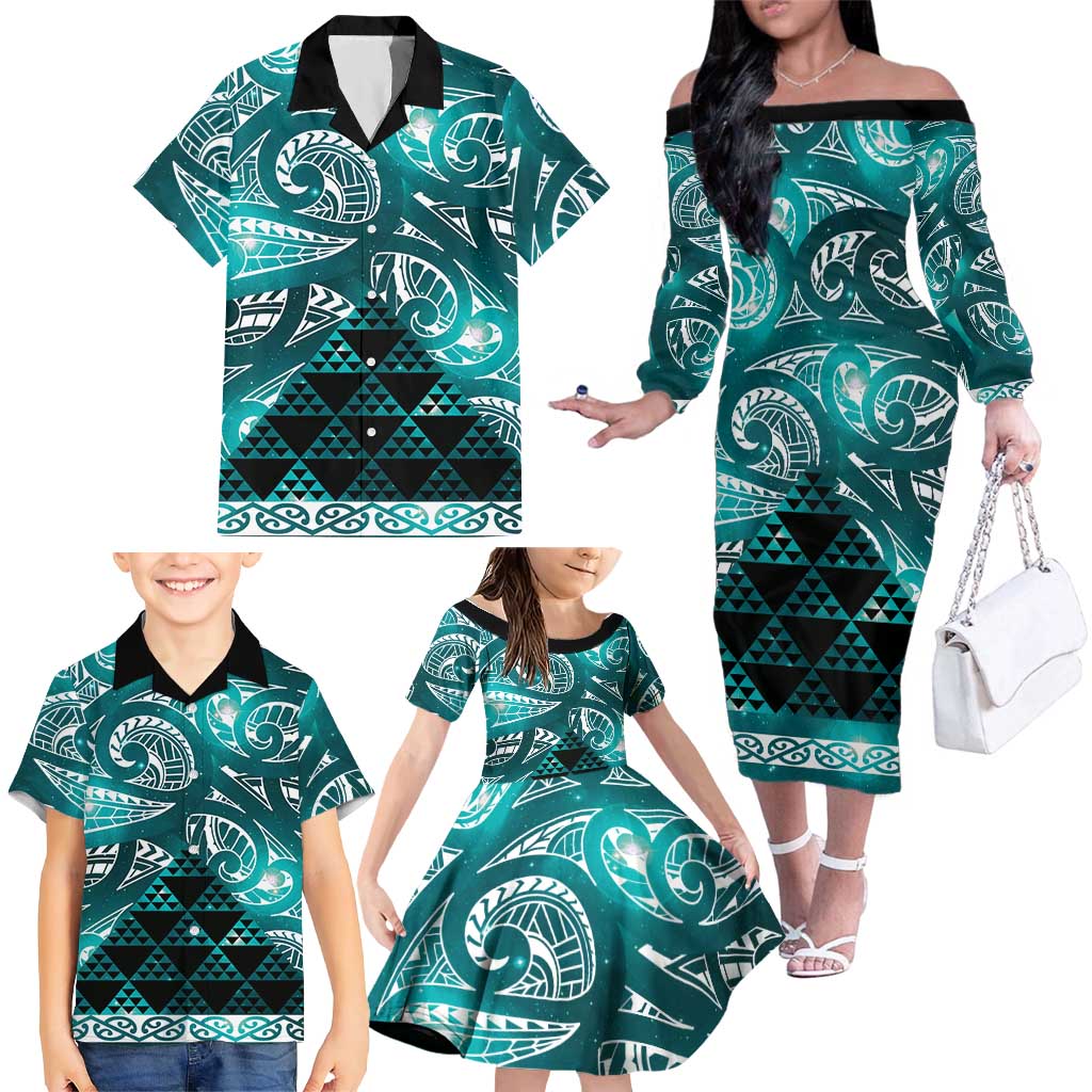Matariki New Zealand Family Matching Off The Shoulder Long Sleeve Dress and Hawaiian Shirt NZ Niho Taniwha Maori New Year Cyan Galaxy LT14 - Polynesian Pride