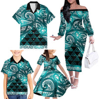 Matariki New Zealand Family Matching Off The Shoulder Long Sleeve Dress and Hawaiian Shirt NZ Niho Taniwha Maori New Year Cyan Galaxy LT14 - Polynesian Pride