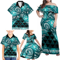 Matariki New Zealand Family Matching Off Shoulder Maxi Dress and Hawaiian Shirt NZ Niho Taniwha Maori New Year Cyan Galaxy LT14 - Polynesian Pride