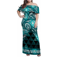 Matariki New Zealand Family Matching Off Shoulder Maxi Dress and Hawaiian Shirt NZ Niho Taniwha Maori New Year Cyan Galaxy LT14 Mom's Dress Cyan - Polynesian Pride