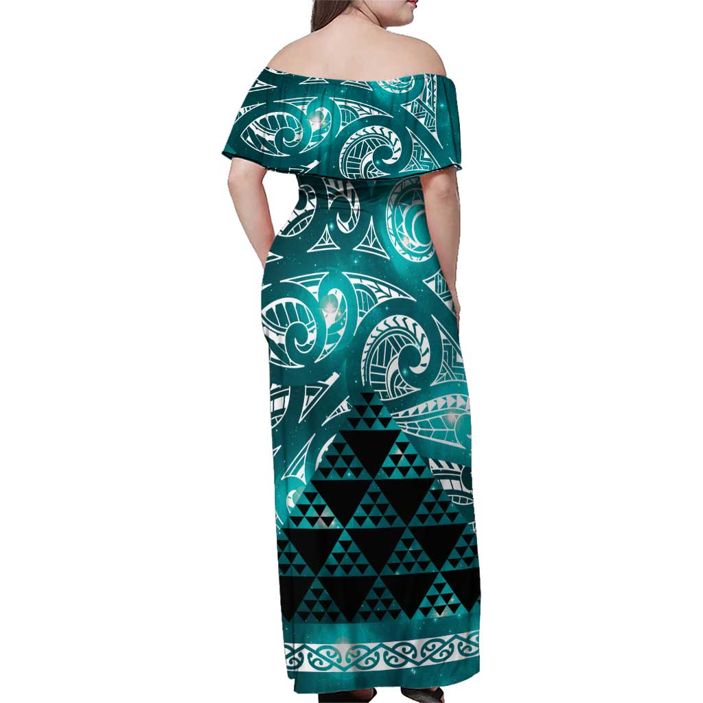 Matariki New Zealand Family Matching Off Shoulder Maxi Dress and Hawaiian Shirt NZ Niho Taniwha Maori New Year Cyan Galaxy LT14 - Polynesian Pride