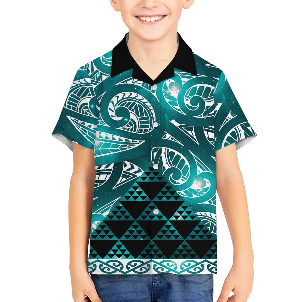 Matariki New Zealand Family Matching Off Shoulder Maxi Dress and Hawaiian Shirt NZ Niho Taniwha Maori New Year Cyan Galaxy LT14 Son's Shirt Cyan - Polynesian Pride
