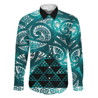 Matariki New Zealand Family Matching Off Shoulder Short Dress and Hawaiian Shirt NZ Niho Taniwha Maori New Year Cyan Galaxy LT14 Dad's Shirt - Long Sleeve Cyan - Polynesian Pride