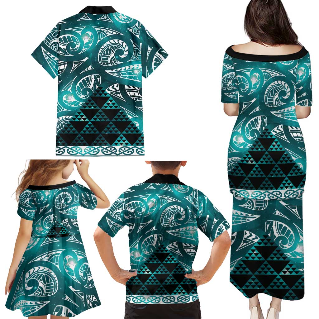 Matariki New Zealand Family Matching Puletasi and Hawaiian Shirt NZ Niho Taniwha Maori New Year Cyan Galaxy LT14 - Polynesian Pride