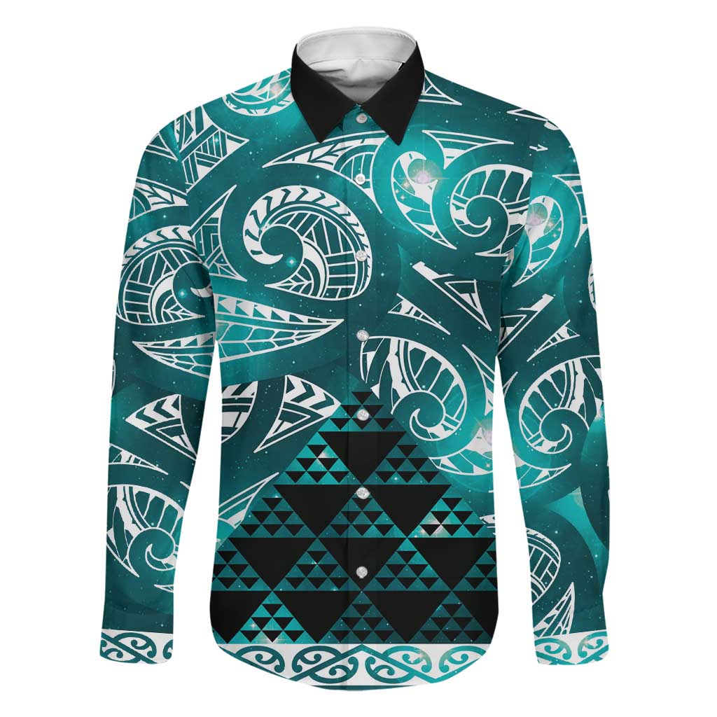 Matariki New Zealand Family Matching Puletasi and Hawaiian Shirt NZ Niho Taniwha Maori New Year Cyan Galaxy LT14 Dad's Shirt - Long Sleeve Cyan - Polynesian Pride