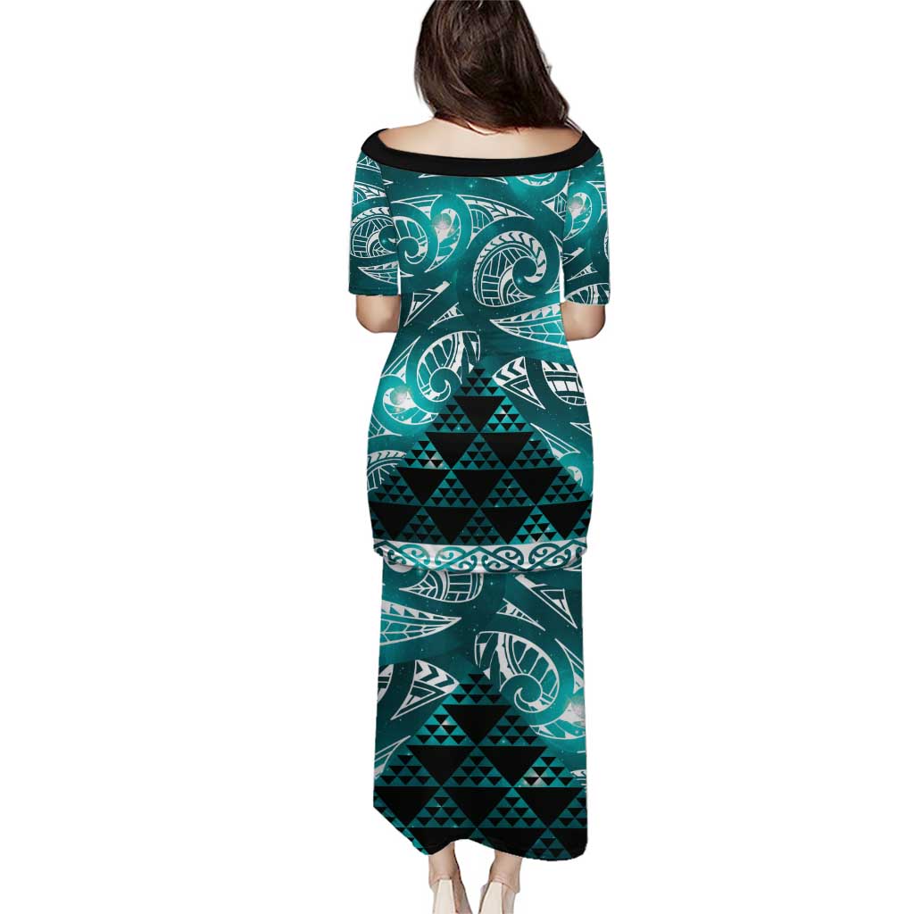 Matariki New Zealand Family Matching Puletasi and Hawaiian Shirt NZ Niho Taniwha Maori New Year Cyan Galaxy LT14 - Polynesian Pride