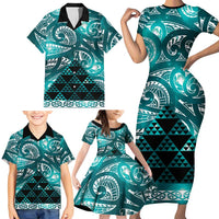 Matariki New Zealand Family Matching Short Sleeve Bodycon Dress and Hawaiian Shirt NZ Niho Taniwha Maori New Year Cyan Galaxy LT14 - Polynesian Pride