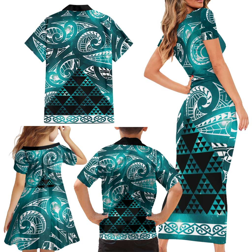Matariki New Zealand Family Matching Short Sleeve Bodycon Dress and Hawaiian Shirt NZ Niho Taniwha Maori New Year Cyan Galaxy LT14 - Polynesian Pride