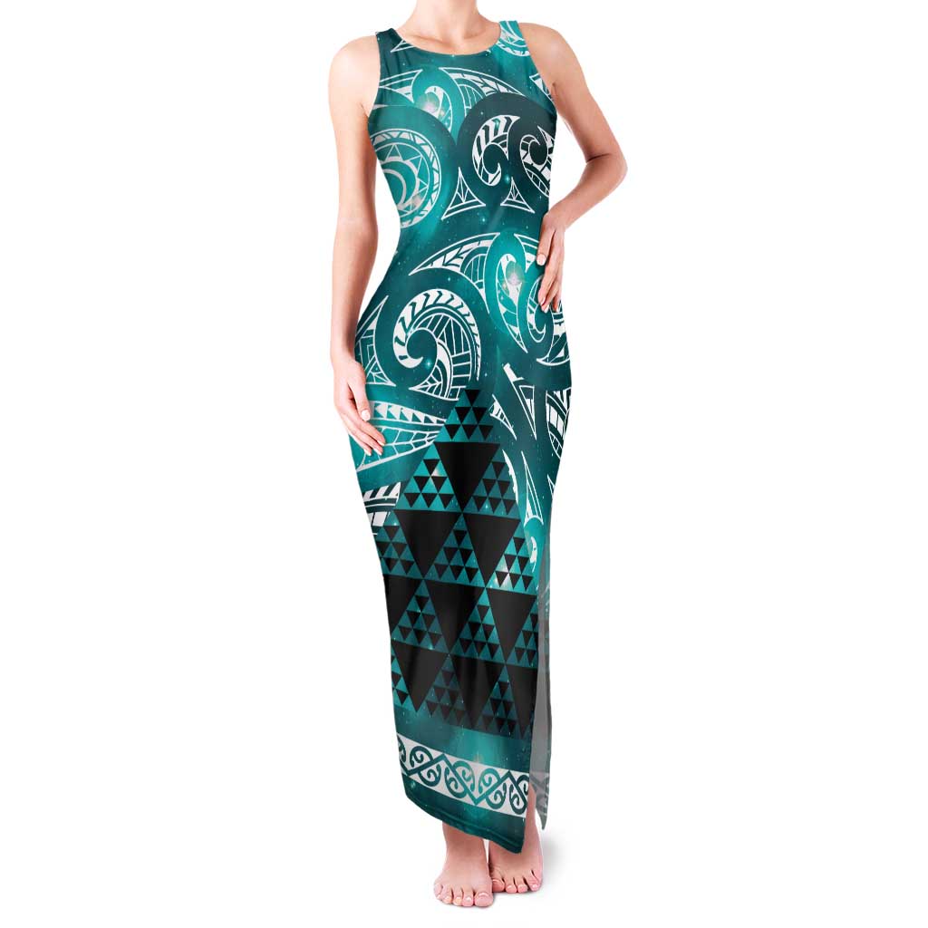 Matariki New Zealand Family Matching Tank Maxi Dress and Hawaiian Shirt NZ Niho Taniwha Maori New Year Cyan Galaxy LT14 Mom's Dress Cyan - Polynesian Pride