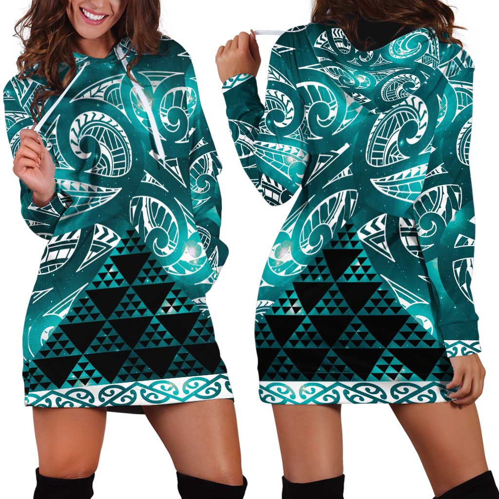 Matariki New Zealand Hoodie Dress NZ Niho Taniwha Maori New Year Cyan Galaxy LT14 - Polynesian Pride