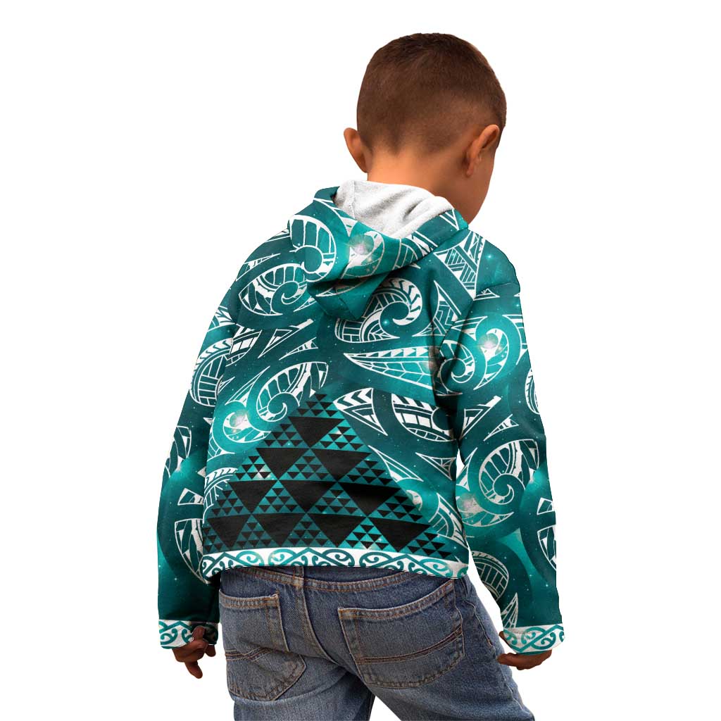 Matariki New Zealand Kid Hoodie NZ Niho Taniwha Maori New Year Cyan Galaxy LT14 - Polynesian Pride