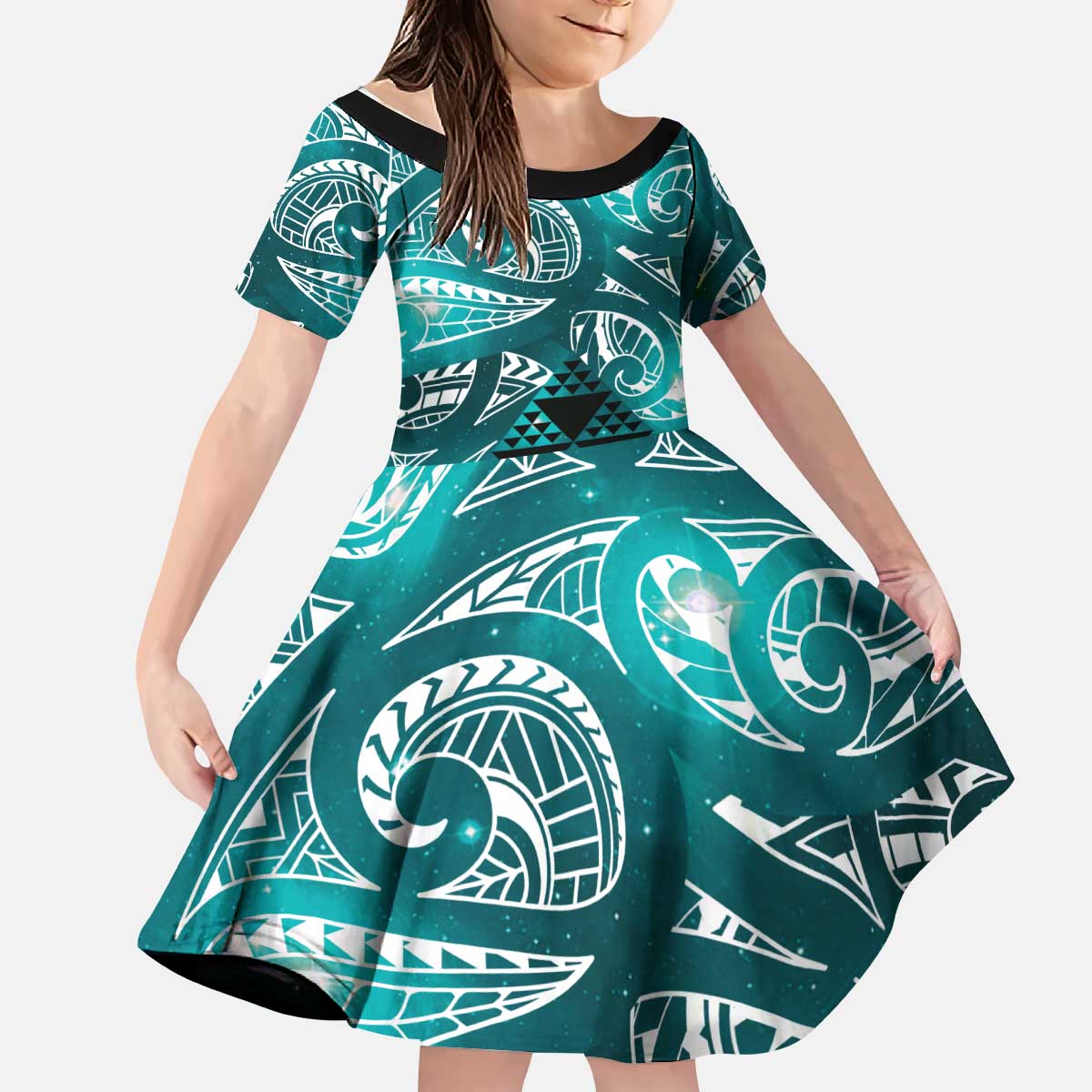 Matariki New Zealand Kid Short Sleeve Dress NZ Niho Taniwha Maori New Year Cyan Galaxy LT14 KID Cyan - Polynesian Pride