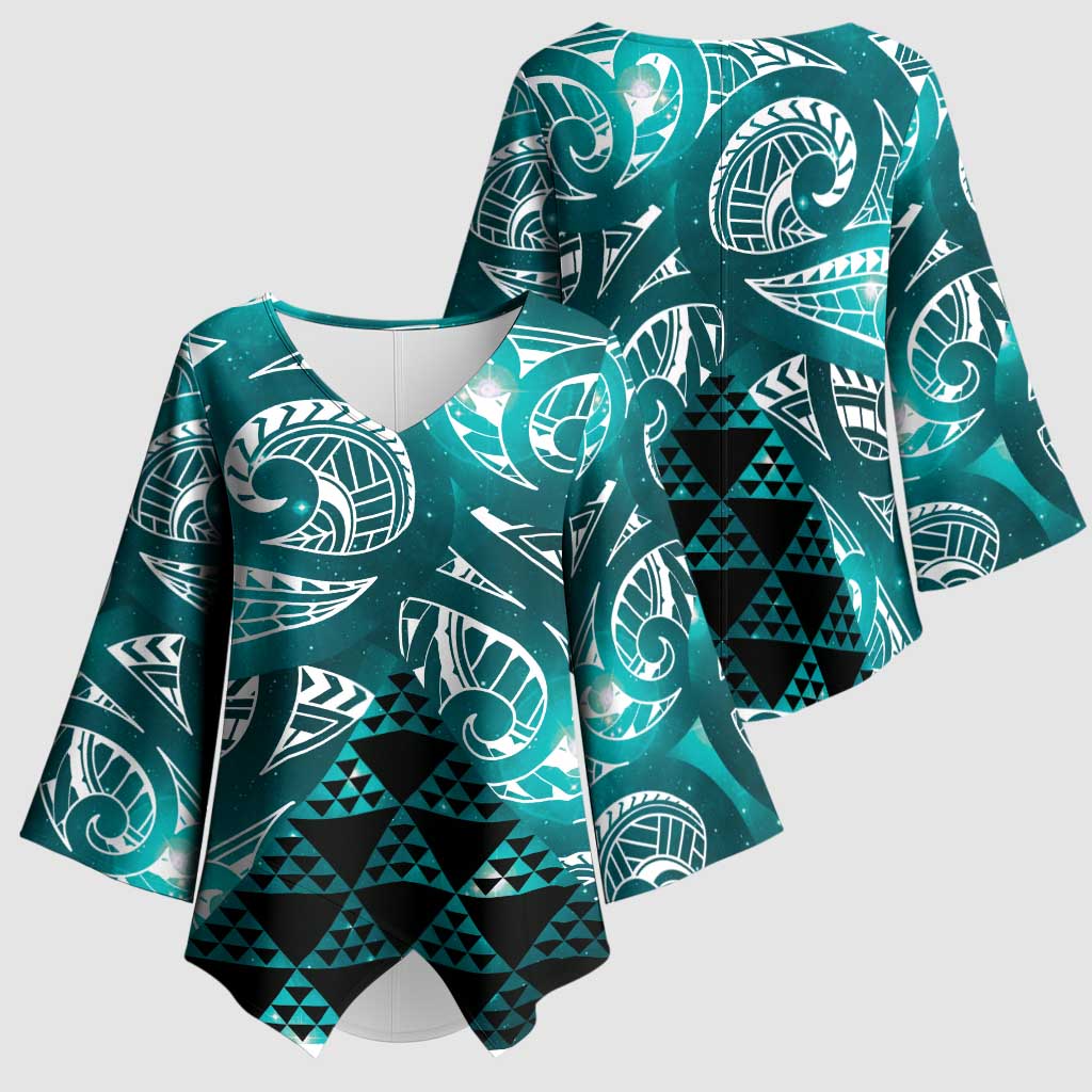 Matariki New Zealand Kimono Sleeve Blouse NZ Niho Taniwha Maori New Year Cyan Galaxy LT14 - Polynesian Pride