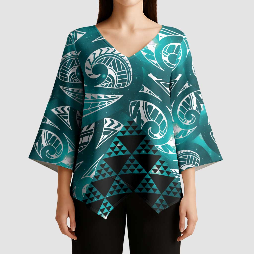 Matariki New Zealand Kimono Sleeve Blouse NZ Niho Taniwha Maori New Year Cyan Galaxy LT14 - Polynesian Pride