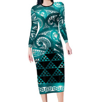 Matariki New Zealand Long Sleeve Bodycon Dress NZ Niho Taniwha Maori New Year Cyan Galaxy LT14 Long Dress Cyan - Polynesian Pride