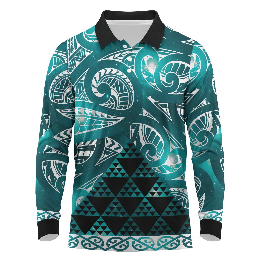 Matariki New Zealand Long Sleeve Polo Shirt NZ Niho Taniwha Maori New Year Cyan Galaxy LT14 Cyan - Polynesian Pride