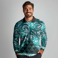 Matariki New Zealand Long Sleeve Polo Shirt NZ Niho Taniwha Maori New Year Cyan Galaxy LT14 - Polynesian Pride