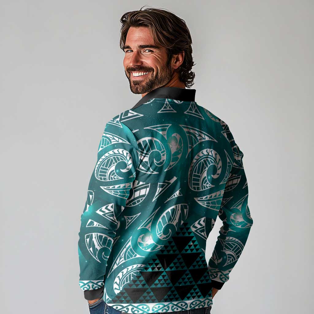 Matariki New Zealand Long Sleeve Polo Shirt NZ Niho Taniwha Maori New Year Cyan Galaxy LT14 - Polynesian Pride
