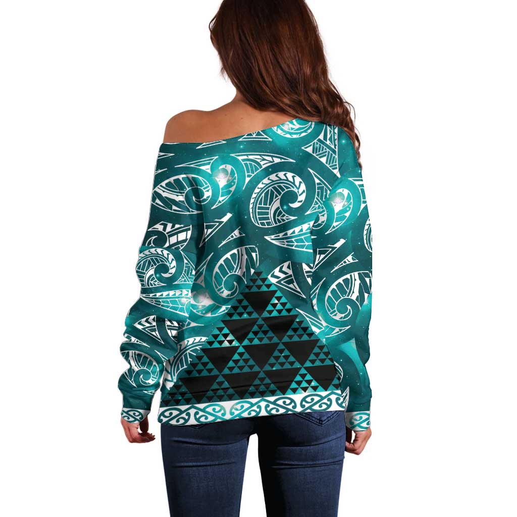Matariki New Zealand Off Shoulder Sweater NZ Niho Taniwha Maori New Year Cyan Galaxy
