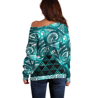 Matariki New Zealand Off Shoulder Sweater NZ Niho Taniwha Maori New Year Cyan Galaxy