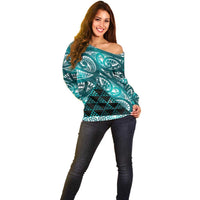 Matariki New Zealand Off Shoulder Sweater NZ Niho Taniwha Maori New Year Cyan Galaxy
