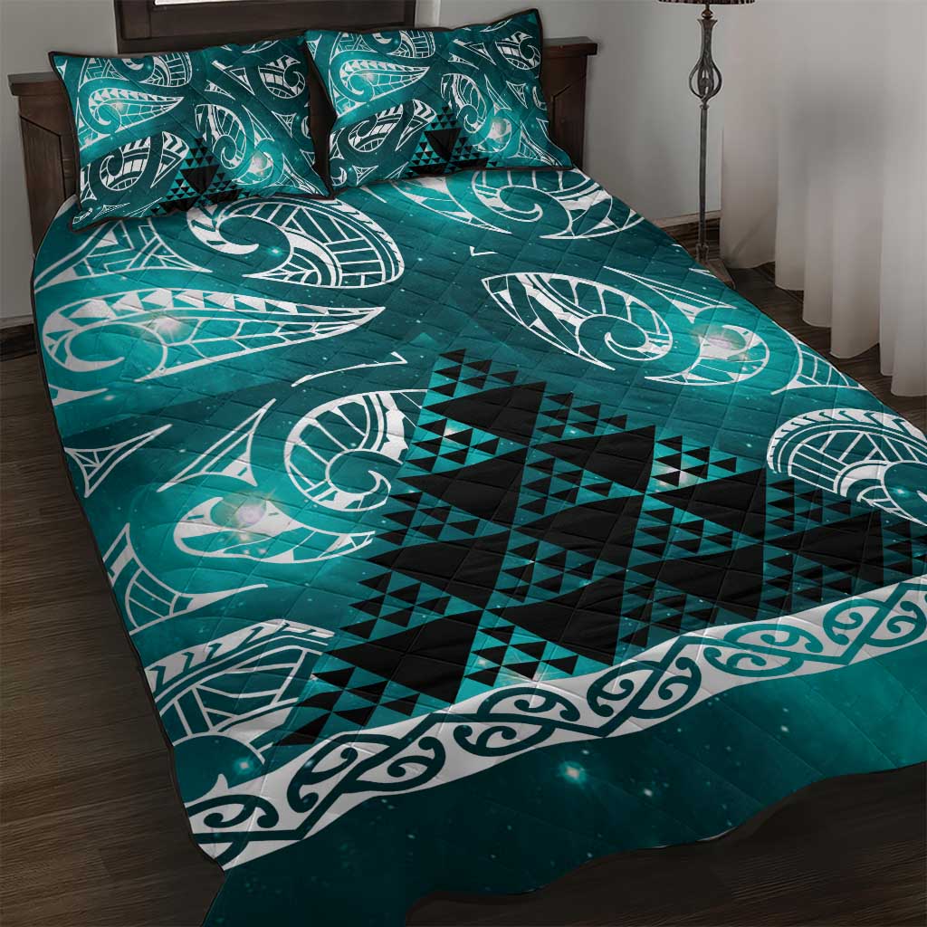 Matariki New Zealand Quilt Bed Set NZ Niho Taniwha Maori New Year Cyan Galaxy