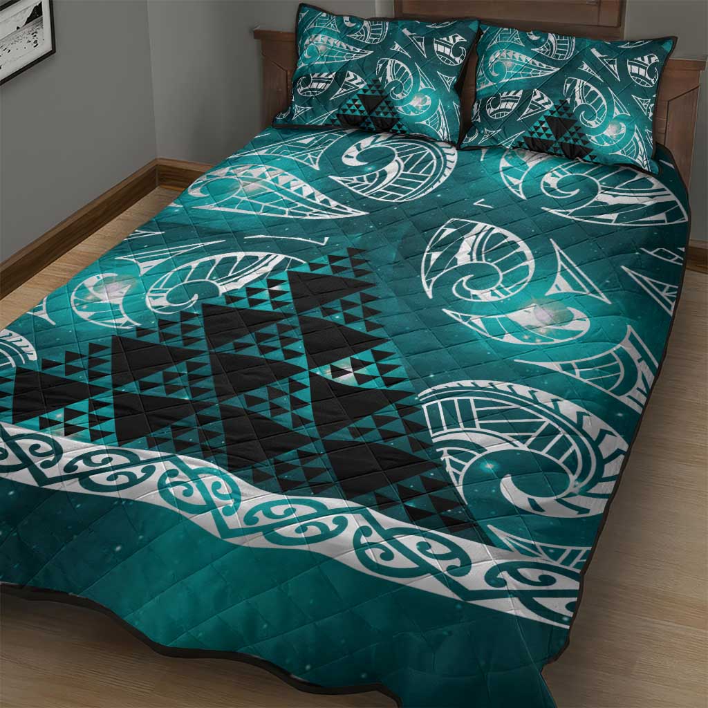 Matariki New Zealand Quilt Bed Set NZ Niho Taniwha Maori New Year Cyan Galaxy