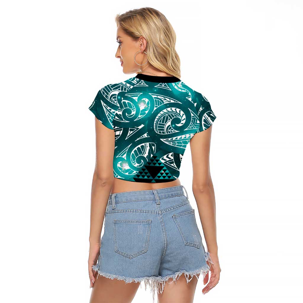 Matariki New Zealand Raglan Cropped T Shirt NZ Niho Taniwha Maori New Year Cyan Galaxy LT14 - Polynesian Pride
