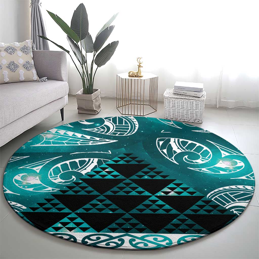 Matariki New Zealand Round Carpet NZ Niho Taniwha Maori New Year Cyan Galaxy