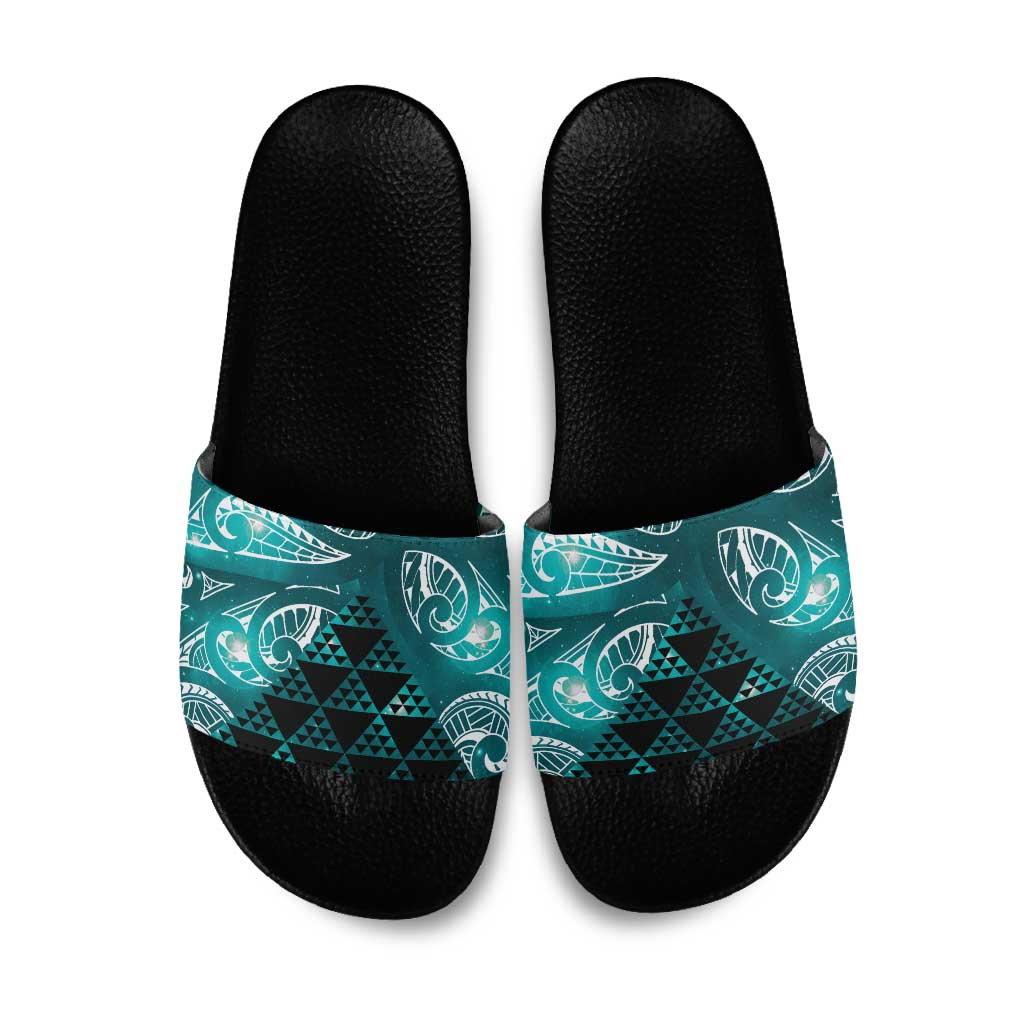 Matariki New Zealand Slide Sandals NZ Niho Taniwha Maori New Year Cyan Galaxy