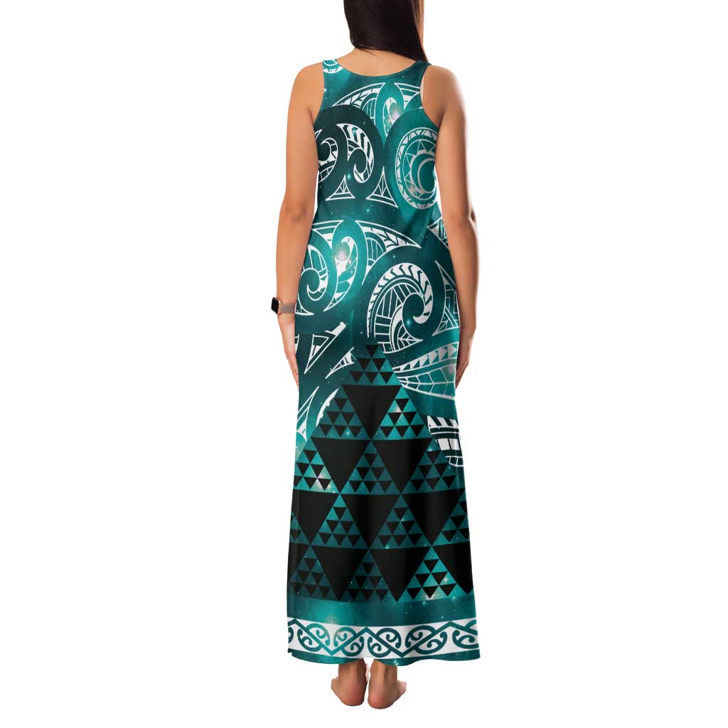 Matariki New Zealand Tank Maxi Dress NZ Niho Taniwha Maori New Year Cyan Galaxy LT14 - Polynesian Pride