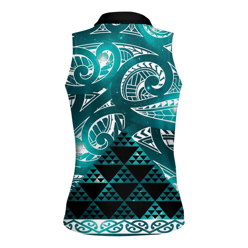 Matariki New Zealand Women Sleeveless Polo Shirt NZ Niho Taniwha Maori New Year Cyan Galaxy LT14 - Polynesian Pride