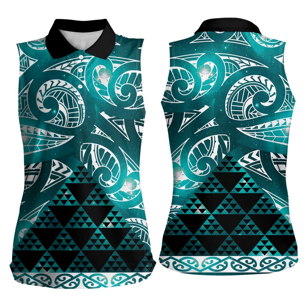 Matariki New Zealand Women Sleeveless Polo Shirt NZ Niho Taniwha Maori New Year Cyan Galaxy LT14 - Polynesian Pride