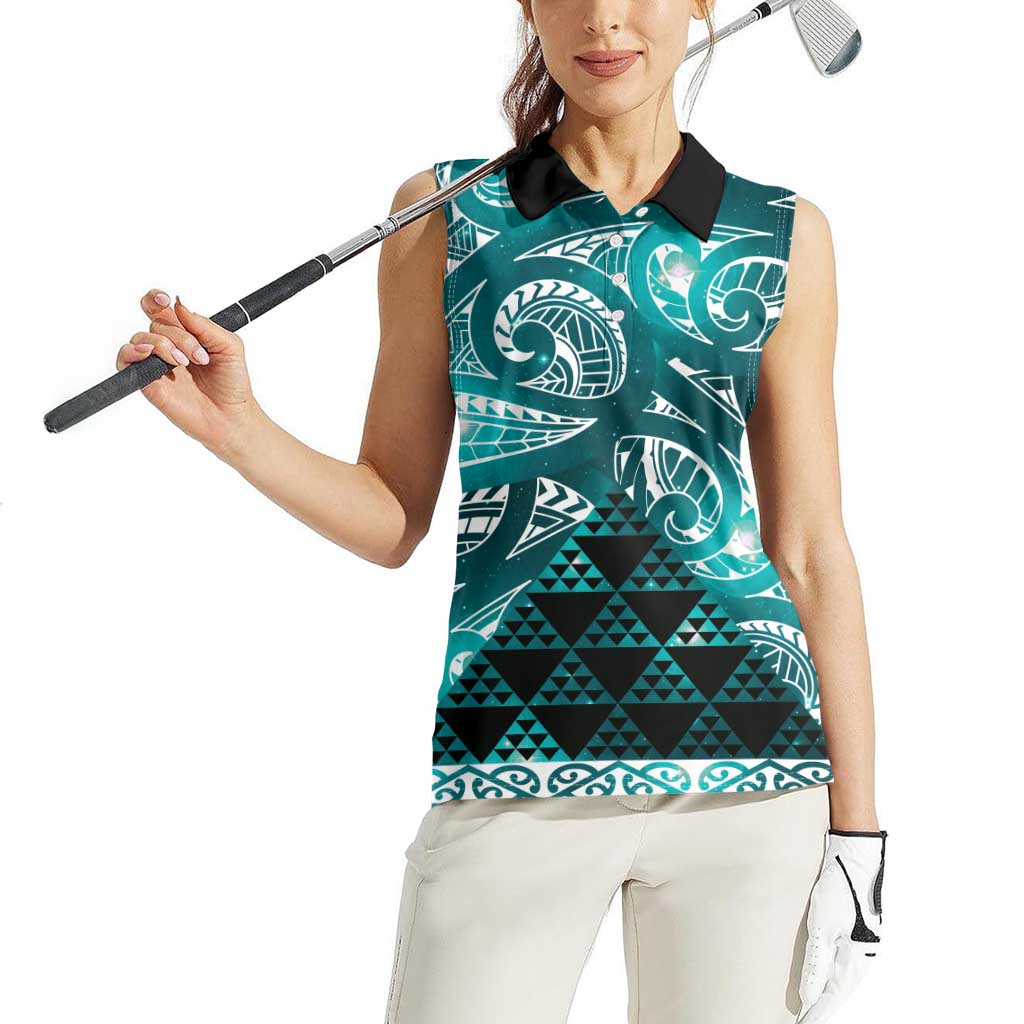 Matariki New Zealand Women Sleeveless Polo Shirt NZ Niho Taniwha Maori New Year Cyan Galaxy LT14 - Polynesian Pride
