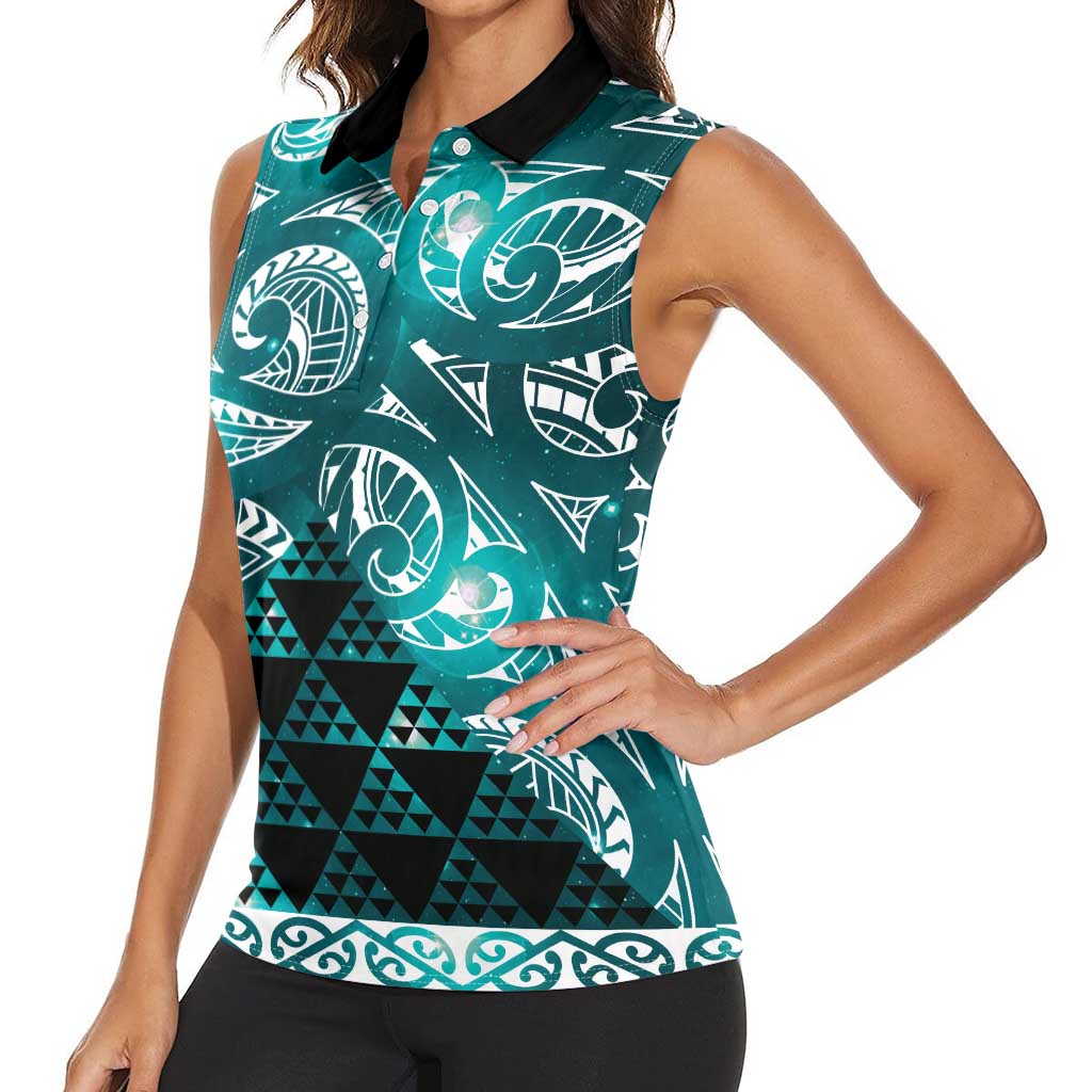 Matariki New Zealand Women Sleeveless Polo Shirt NZ Niho Taniwha Maori New Year Cyan Galaxy LT14 - Polynesian Pride