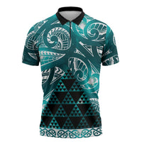 Matariki New Zealand Zipper Polo Shirt NZ Niho Taniwha Maori New Year Cyan Galaxy LT14 Cyan - Polynesian Pride