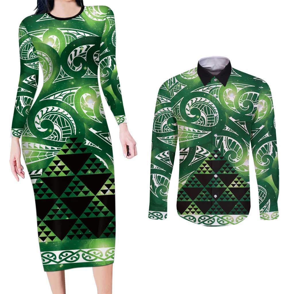 Matariki New Zealand Couples Matching Long Sleeve Bodycon Dress and Long Sleeve Button Shirt NZ Niho Taniwha Maori New Year Green Galaxy LT14 Green - Polynesian Pride