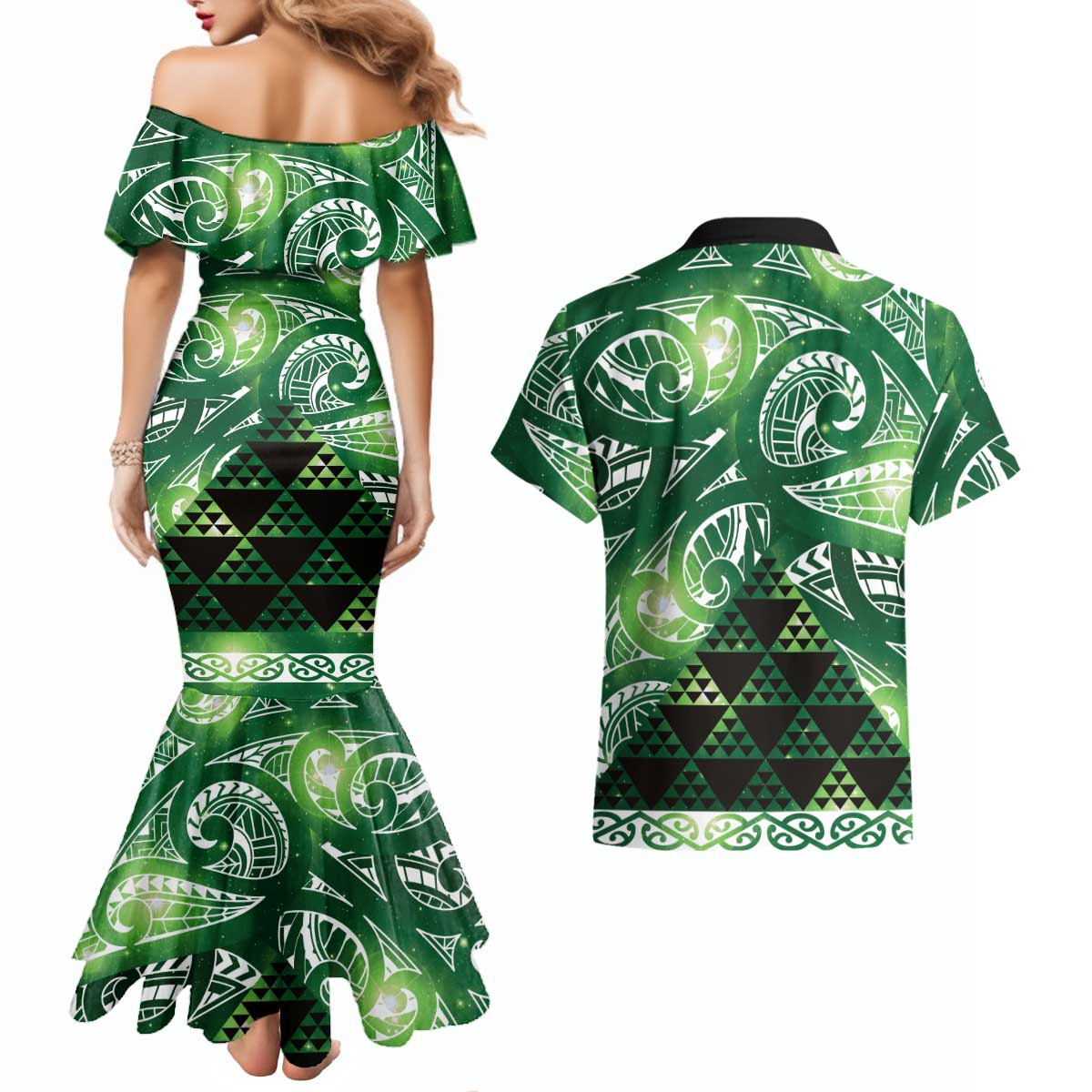 Matariki New Zealand Couples Matching Mermaid Dress and Hawaiian Shirt NZ Niho Taniwha Maori New Year Green Galaxy LT14 - Polynesian Pride