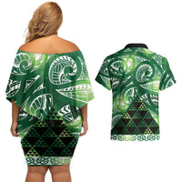 Matariki New Zealand Couples Matching Off Shoulder Short Dress and Hawaiian Shirt NZ Niho Taniwha Maori New Year Green Galaxy LT14 - Polynesian Pride