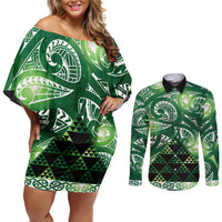 Matariki New Zealand Couples Matching Off Shoulder Short Dress and Long Sleeve Button Shirt NZ Niho Taniwha Maori New Year Green Galaxy LT14 Green - Polynesian Pride