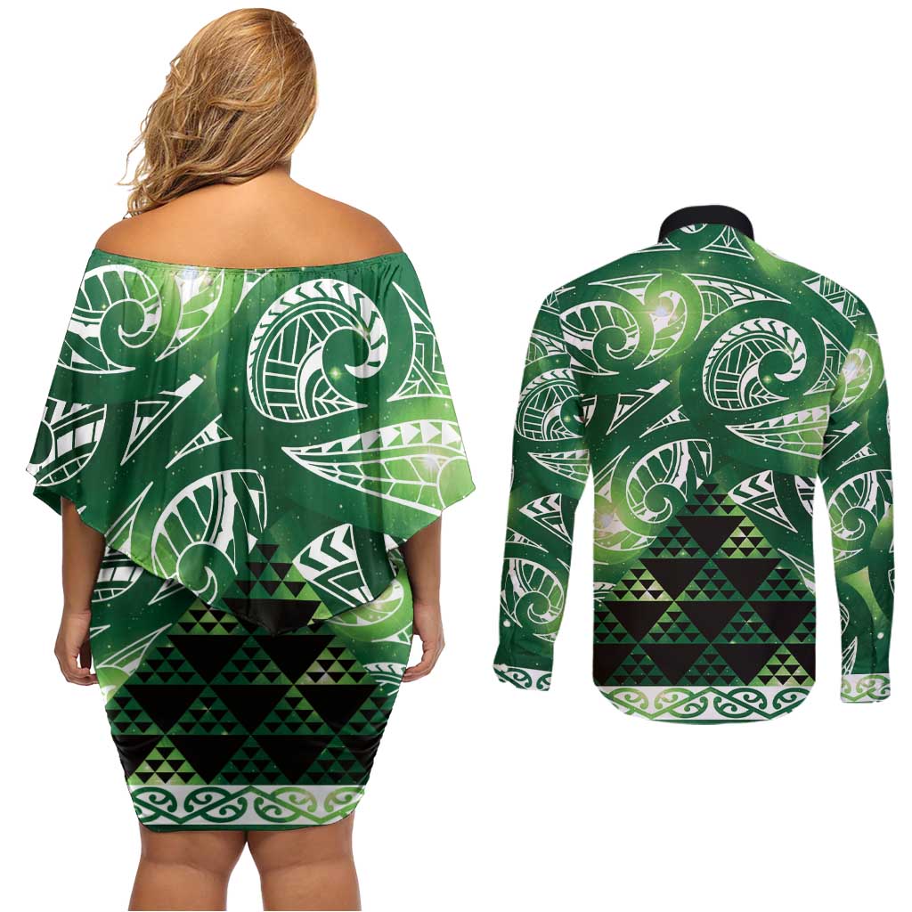 Matariki New Zealand Couples Matching Off Shoulder Short Dress and Long Sleeve Button Shirt NZ Niho Taniwha Maori New Year Green Galaxy LT14 - Polynesian Pride