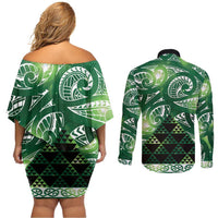Matariki New Zealand Couples Matching Off Shoulder Short Dress and Long Sleeve Button Shirt NZ Niho Taniwha Maori New Year Green Galaxy LT14 - Polynesian Pride