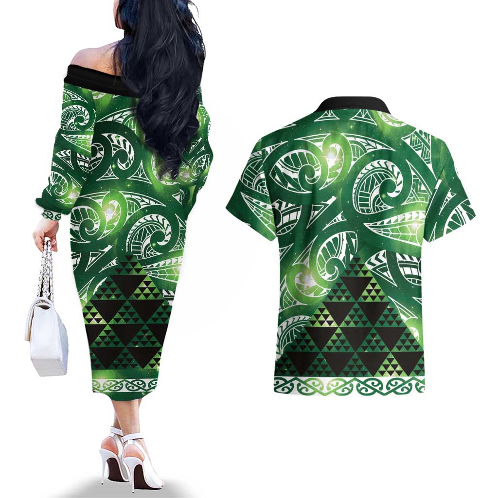 Matariki New Zealand Couples Matching Off The Shoulder Long Sleeve Dress and Hawaiian Shirt NZ Niho Taniwha Maori New Year Green Galaxy LT14 - Polynesian Pride