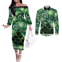 Matariki New Zealand Couples Matching Off The Shoulder Long Sleeve Dress and Long Sleeve Button Shirt NZ Niho Taniwha Maori New Year Green Galaxy LT14 Green - Polynesian Pride