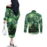 Matariki New Zealand Couples Matching Off The Shoulder Long Sleeve Dress and Long Sleeve Button Shirt NZ Niho Taniwha Maori New Year Green Galaxy LT14 - Polynesian Pride