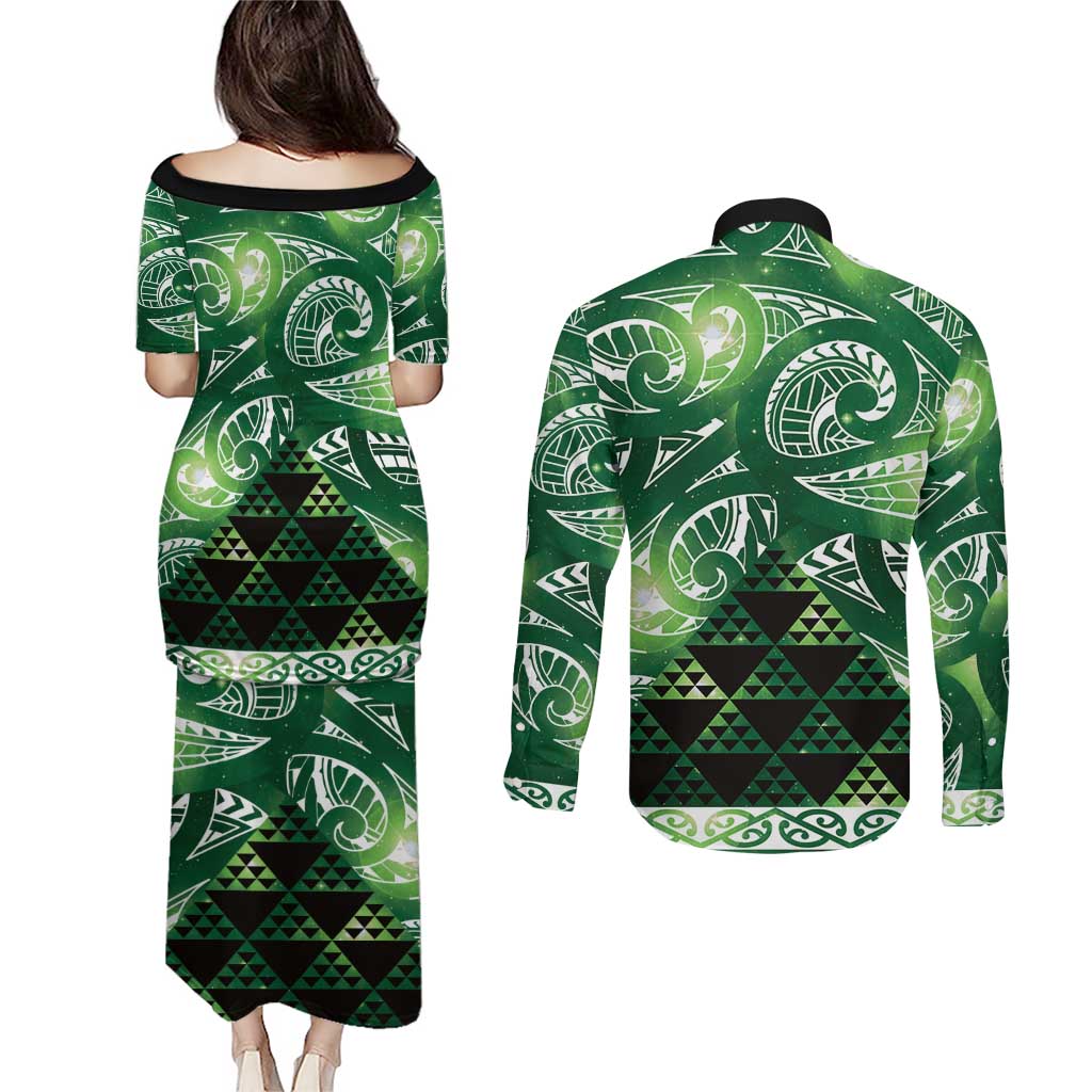 Matariki New Zealand Couples Matching Puletasi and Long Sleeve Button Shirt NZ Niho Taniwha Maori New Year Green Galaxy LT14 - Polynesian Pride